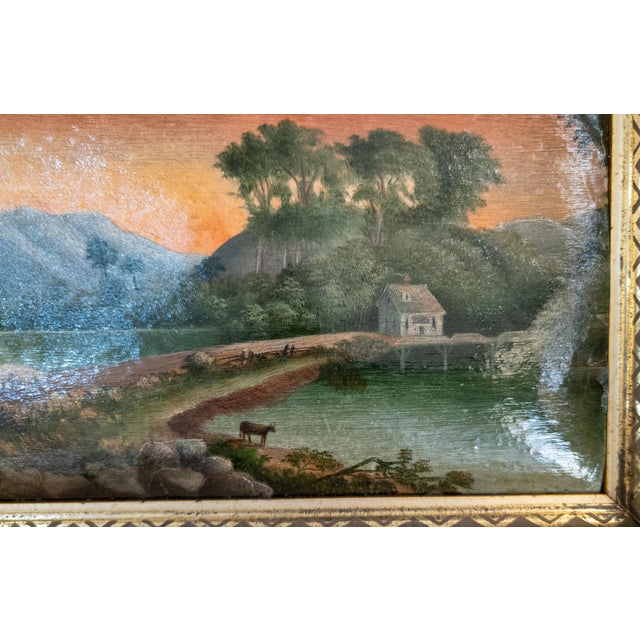 19th Century Luminist Folk Art Landscape Painting With Sunset For Sale - Image 9 of 17