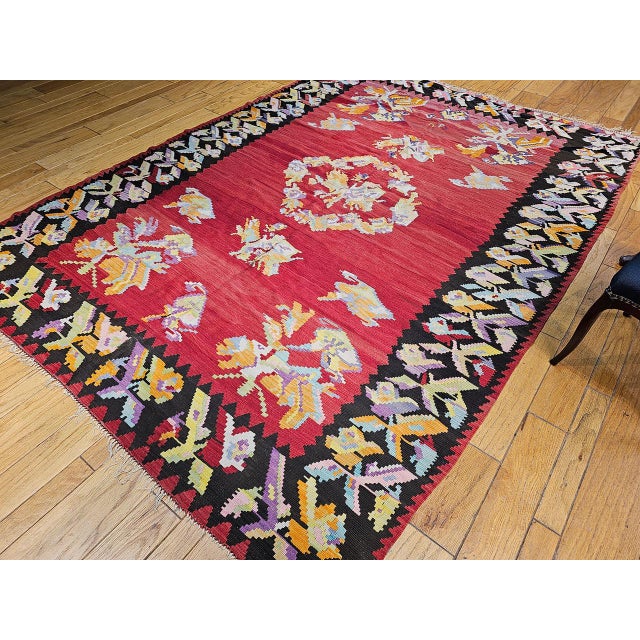 Vintage Caucasian Karabagh Kilim, Handwoven Floral Pattern, Red & Black, 7x10 For Sale - Image 10 of 12