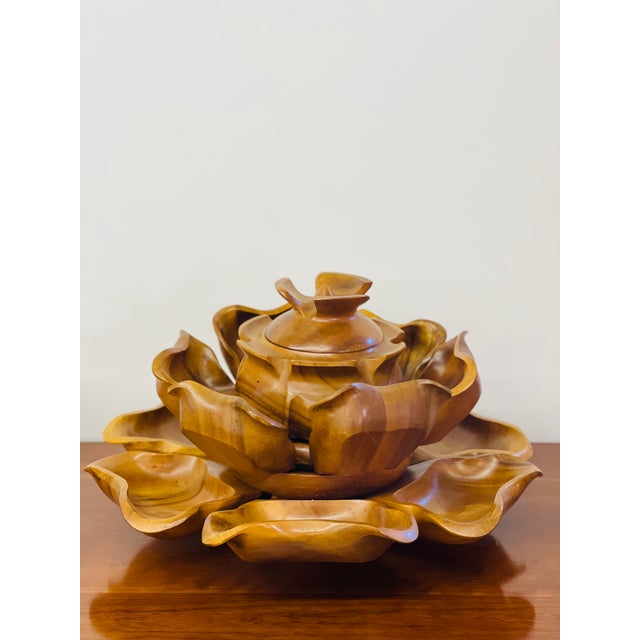 Mid-Century Modern Vintage Midcentury Polynesian Monkey Pod Wooden Serving Set- 15 Pieces For Sale - Image 3 of 7