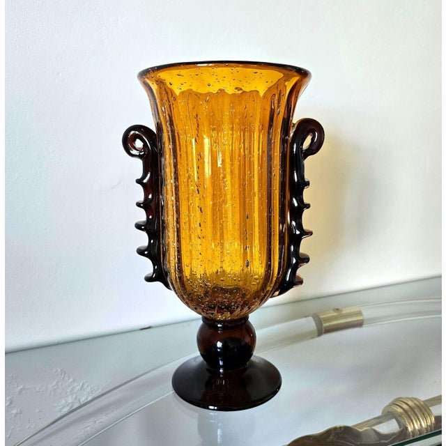 Mid-Century Modern 1980s Pair of Amber Murano Glass Vases, Neoclassical Style For Sale - Image 3 of 10