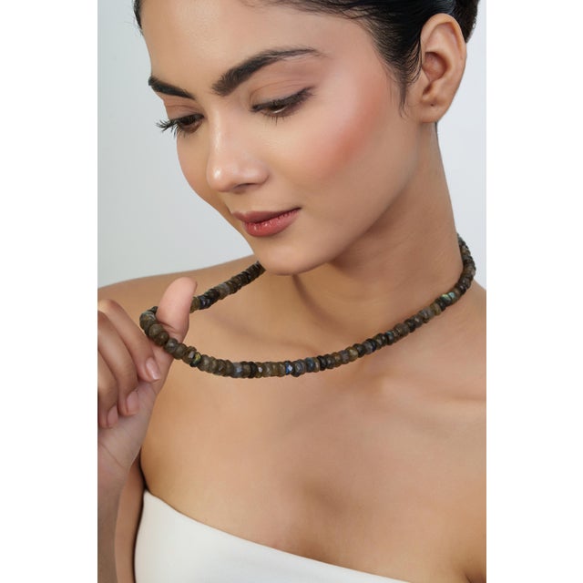 Dramatic Matinee Length 295 Ct Natural Labradorite Rondelle Beaded Necklace, 22.5" For Sale - Image 6 of 14