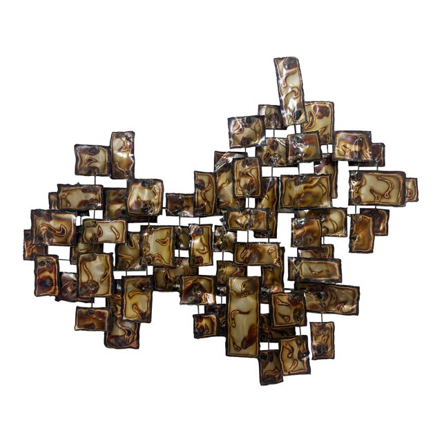 Vintage Brutalist Torch-Cut Brass, Copper Wall Sculpture For Sale