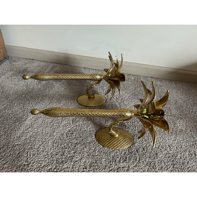 Gold Hollywood Regency Modern Palm Tree Form Candle Wall Sconces With Glass Shades For Sale - Image 8 of 9