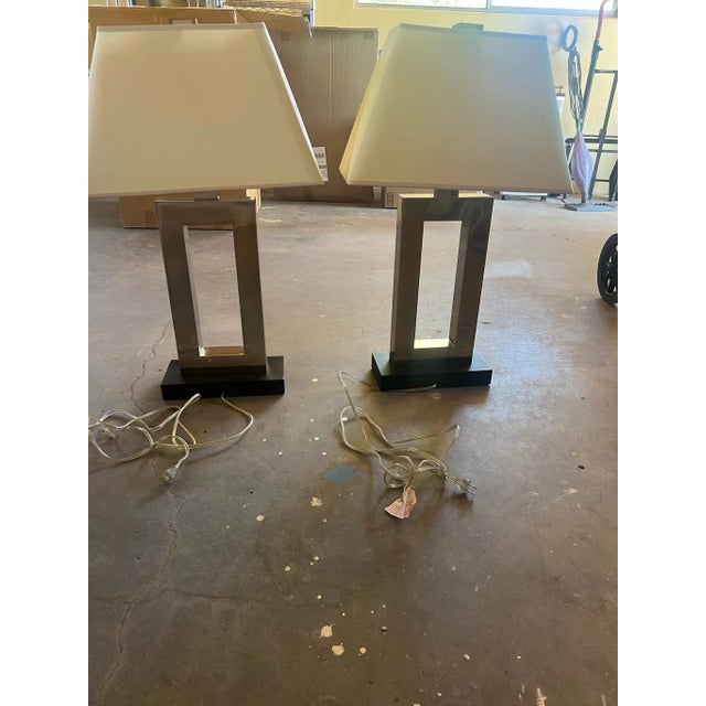 Pair of Modern Brushed Robert Abbey Style Metal Open-Frame Table Lamps For Sale - Image 10 of 10