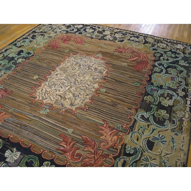 Lovely Ligth Brown & Rustic Floral-Medallion Pattern Antique American Hooked Rug For Sale - Image 4 of 5