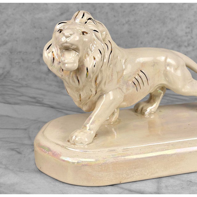 White Vintage 12" Hollywood Regency White Luster Porcelain Lion Sculpture For Sale - Image 8 of 11