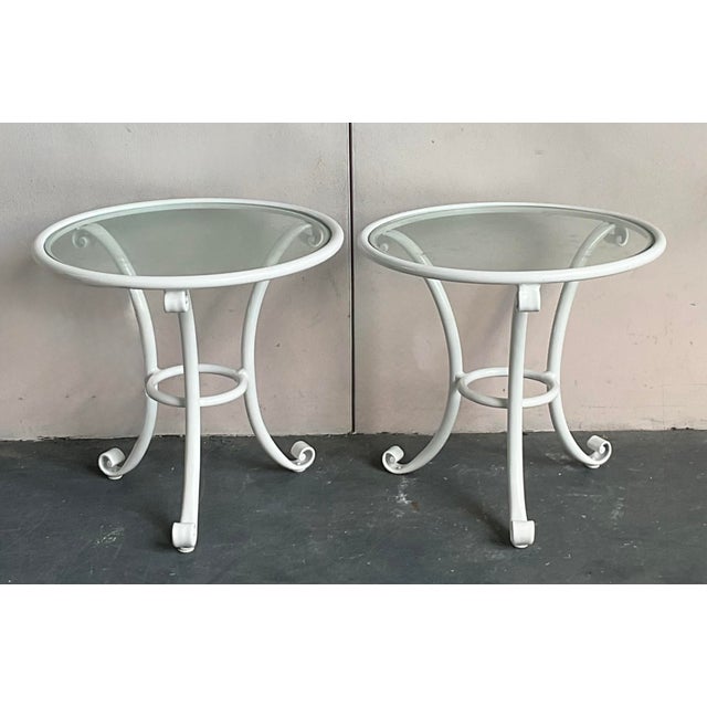 French Country Vintage Regency Cast Aluminum Outdoor Scroll Side Tables - A Pair For Sale - Image 3 of 10