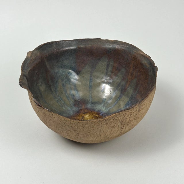 Mid-Century Modern Vintage Brutalist Organic Rim Drip Glazed Interior Stoneware Bowl For Sale - Image 3 of 9