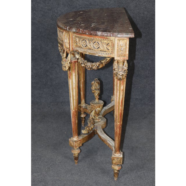 19th Century French Louis XVI Style Distressed Demilune Marble Top Console Table For Sale - Image 4 of 15