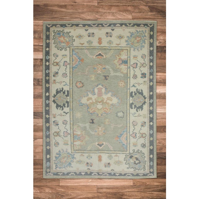 Early 21st Century Green & Charcoal Floral Design Handwoven Wool Turkish Oushak Rug 4'8" X 6'5" For Sale In Houston - Image 6 of 7
