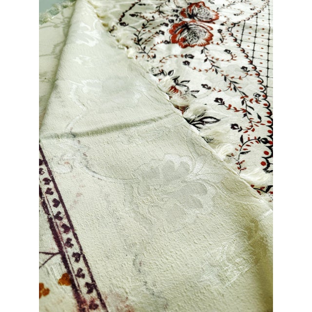 Mid 20th Century Vintage Hand Printed Indian Cotton Banquet Tablecloth With Jacquard Floral Damask & Fringe For Sale - Image 5 of 10