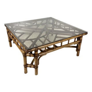 Vintage Rattan Chinese Chippendale Coffee Table For Sale