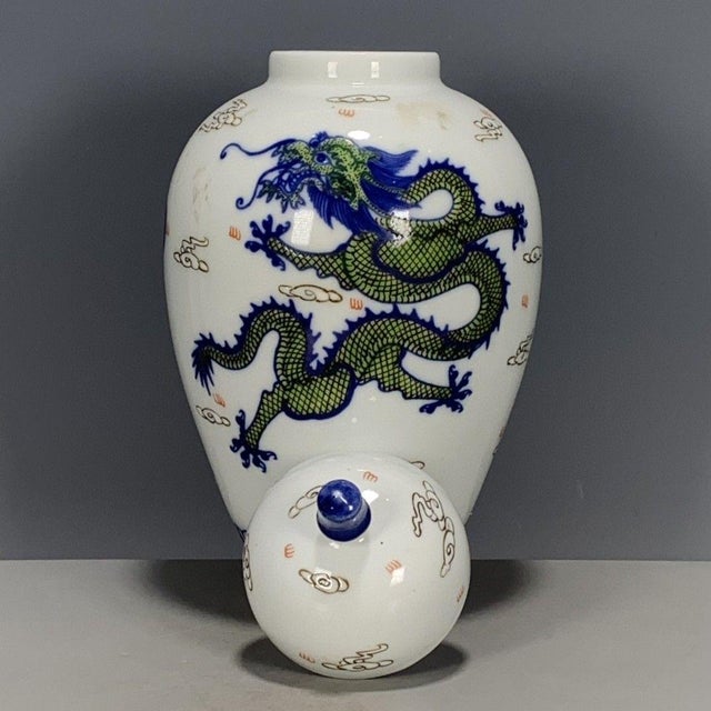 Chinoiserie Dragon Lidded Ginger Jar, Green & Blue Dragon Porcelain Temple Jar Oriental Mantel Decor For Sale In Los Angeles - Image 6 of 9