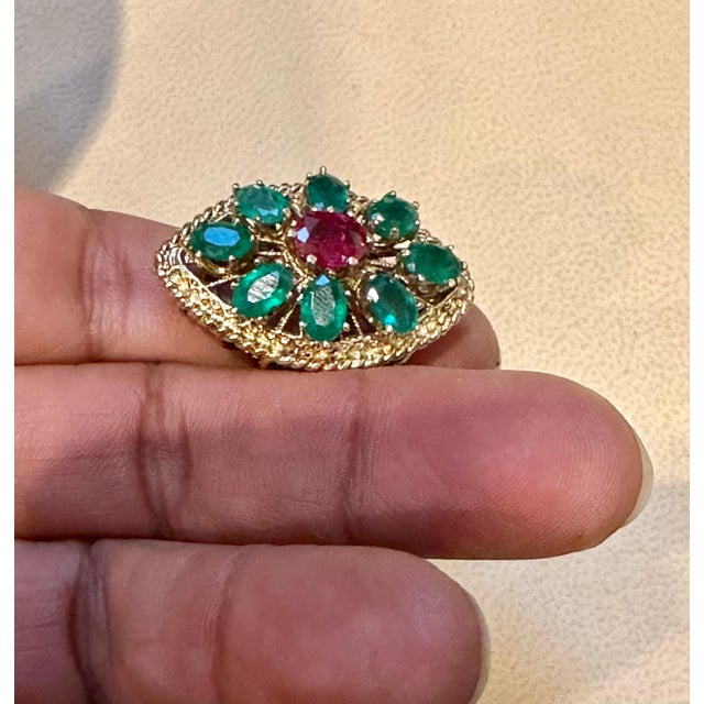 2 Ct Natural Emerald, 1 Oval Ruby Cocktail Marquise Shape Ring 14 Kt Yellow Gold For Sale - Image 9 of 18