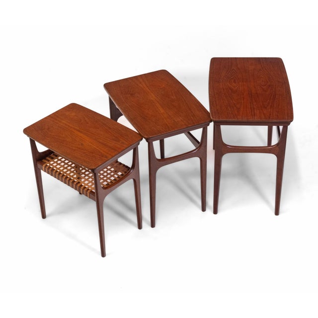 Mid-Century Danish Teak & Cane Nest Tables from H M Møbler, 1950s, Set of 3 For Sale - Image 4 of 16