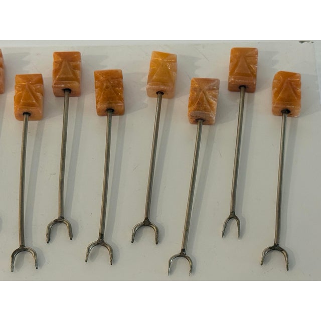 Mid-Century Modern Mid 20th Century Set of 12 Mexican Honey Onyx Cocktail Forks in Amber Tones, Mid-Century Modern For Sale - Image 3 of 12