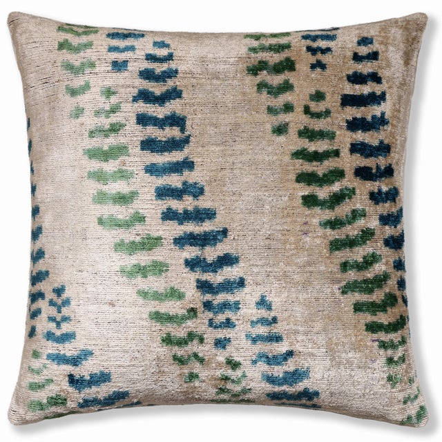 Mid-Century Modern Handmade Velvet Ikat Throw Pillow 20x20 | Organic Dyed Neutral Stripe For Sale - Image 3 of 8