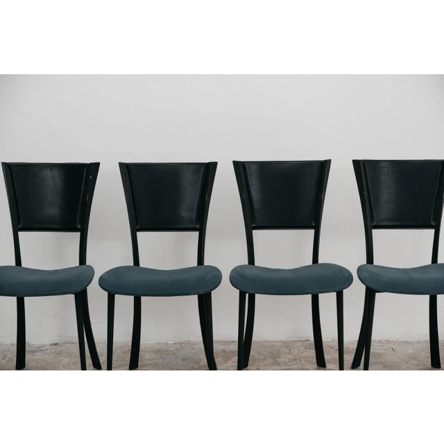Metal Vintage Chairs in Black Metal with Leather and Aqua Green Fabric, 1980s, Set of 4 For Sale - Image 7 of 13