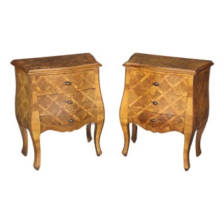 Pair of Italian Bombe Parquetry 3 Drawer Nightstands For Sale