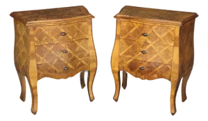 Pair of Italian Bombe Parquetry 3 Drawer Nightstands