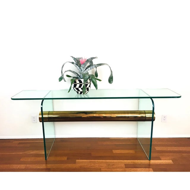 Vintage 1970s Brass & Glass Console Table by Pace made of clear glass rounded edges suspended brass beam by pace great...