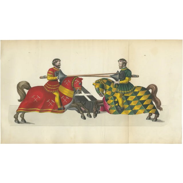 Jousting Gentlemen in Vibrant Attire, 1842, Lithograph For Sale
