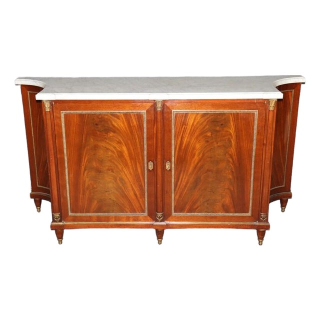 Early 20th Century Maison Jansen French Louis XVI Style Marble Top Commode – Bronze Ormolu & Mahogany Buffet For Sale