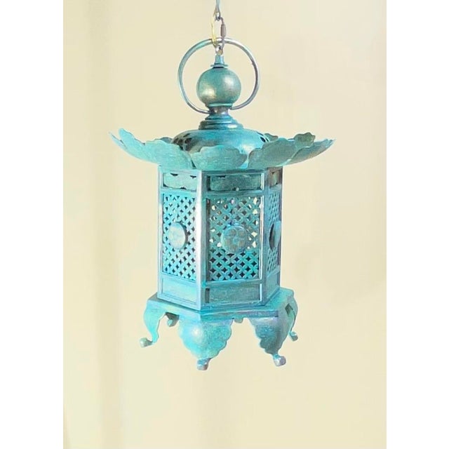 Vintage Japanese Patinated Brass Pagoda Temple Lantern / Pendent -17”x 12” For Sale - Image 4 of 17