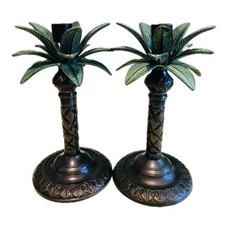 Vintage Coastal Palm Beach Chic Metal Tole Palm Trees Candle Holder- Set of 2 For Sale
