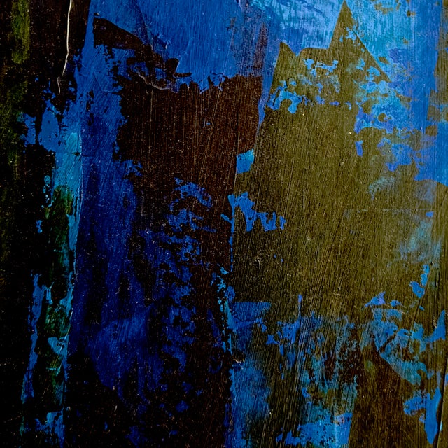 Cerulean Original Abstract Expressionist Oil on Board Painting, ‘Woodcarver’, Unsigned For Sale - Image 8 of 12
