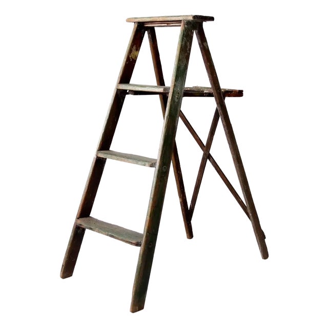Vintage Green Wood Painter's Ladder For Sale