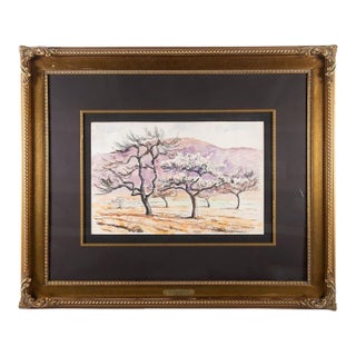 1960s Paul Emile Pissarro Watercolor Painting Framed Orchard Landscape Art Signed Vintage French Impressionist Wall Decor For Sale