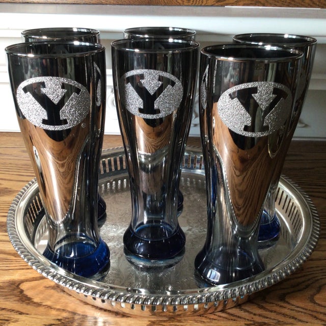 Vintage Youngstown State University Ohio Silver Fade Beer Glasses and Silver Plated Serving Tray - Set of 7 For Sale - Image 13 of 13