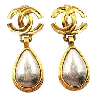 Chanel Vintage Gold Plated CC Silver Stone Tear Drop Dangle Clip on Earrings, A Pair For Sale