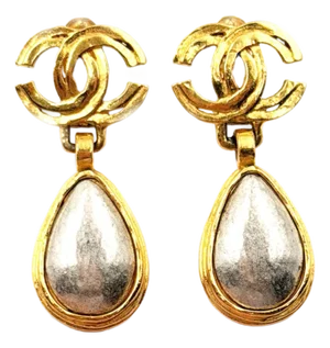 Chanel Vintage Gold Plated CC Silver Stone Tear Drop Dangle Clip on Earrings, A Pair