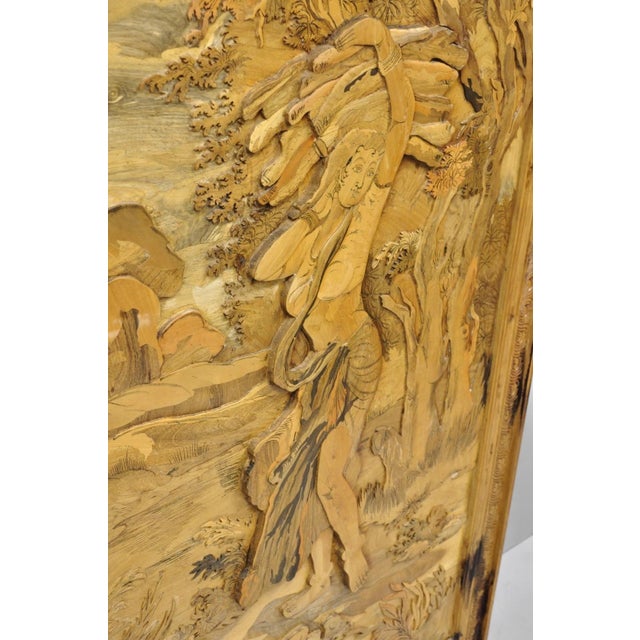 Vintage Large 60" Anglo Indian High Relief Carved Wood Thai Woman Art Plaque For Sale - Image 12 of 17
