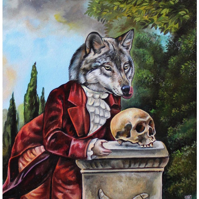 Lust for Life presents a surreal tableau where a figure in 18th-century attire, with a wolf's head, leans against a stone...