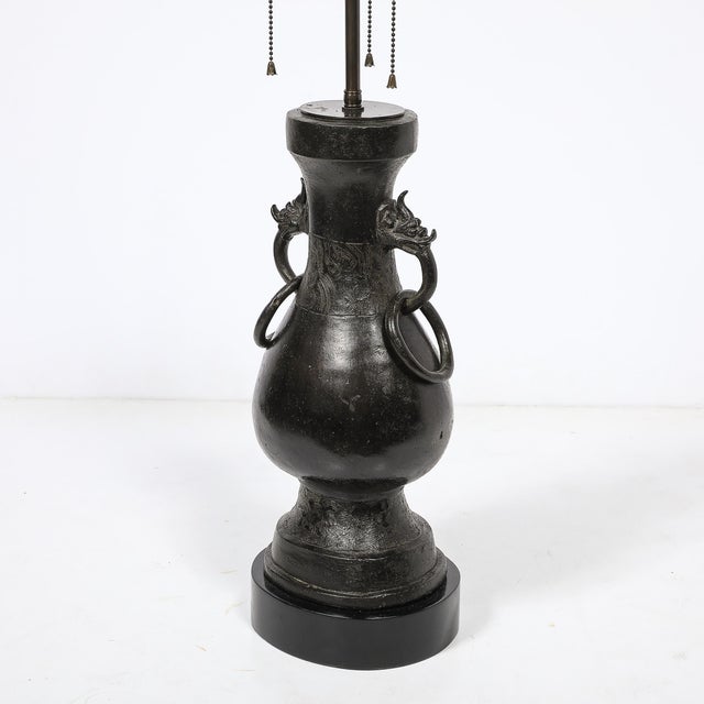 Metal Pair of Mid-Century Iron Dragon Amphora Chinoiserie Table Lamps W/ Ring Details For Sale - Image 7 of 15