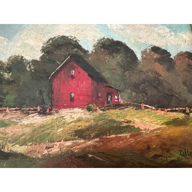 Small Vintage Oil Painting of Red Barn For Sale - Image 4 of 9