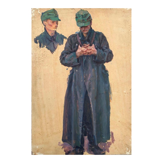 Battle Painting Portrait Soldier Armed Forces Antique Oil Painting Original Soviet Art Ukrainian Artist Sokolovsky G. 43-29 1970s For Sale