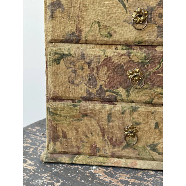 Wood Antique Floral-Printed Fabric Covered Tabletop Haberdashery Cabinet, Circa Early 20th Century For Sale - Image 7 of 17