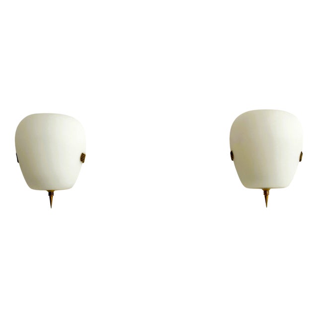 Mid-Century French Minimalist Glass and Brass Wall Sconces, 1950, Set of 2 For Sale