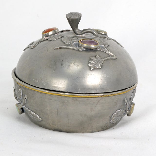 Silver Antique Chinese Pewter Jeweled Lidded Bowl With Gemstones Republic Period For Sale - Image 8 of 13