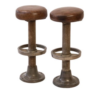 Pair of Leather-Covered Barstools For Sale
