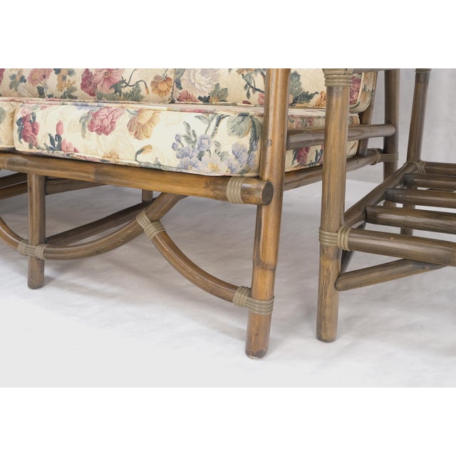 Vogue Rattan Bamboo c1970s Sofa Matching Chair Pair of End Tables 5 Pcs Set Mint For Sale - Image 11 of 18