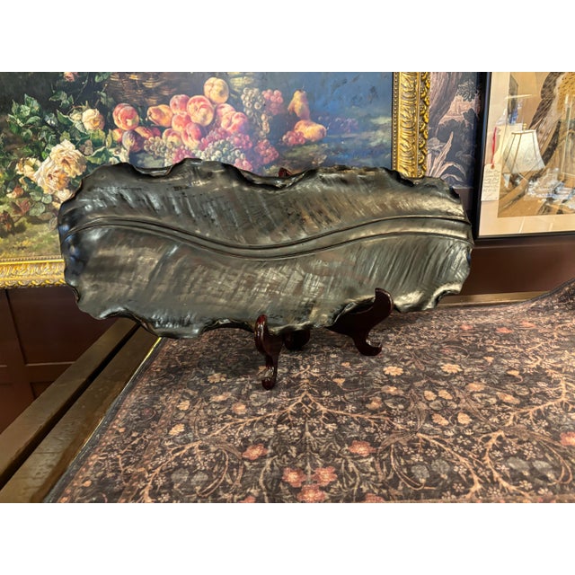 Japanese Antique Japanese Carved Keyaki Wood Banana Leaf Tray – Signed Ichiyama – Meiji Period, C. 1860 – 28” [Kh] For Sale - Image 3 of 9