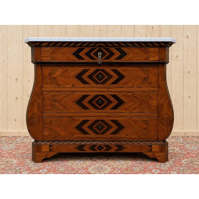 Brown Swiss-Style Marquetry Chest of Drawers with Carrara Marble Top For Sale - Image 8 of 8