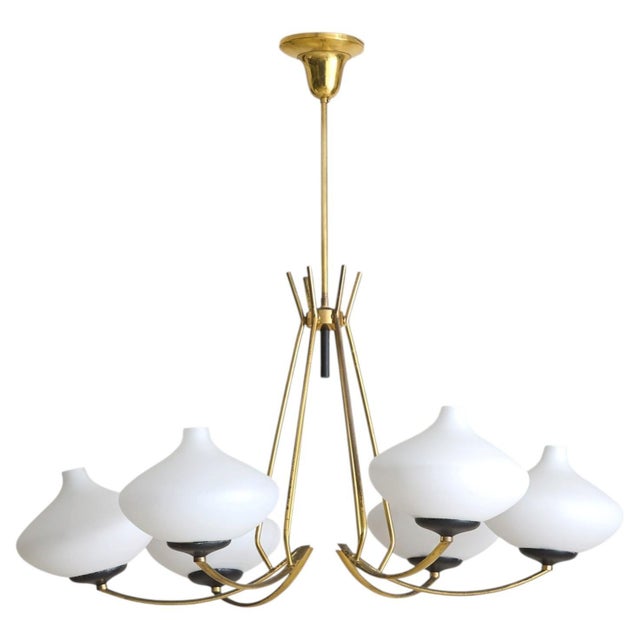 White Italian Brass + Opaline Glass Chandelier in the Manner of Stilnovo, 1950s For Sale - Image 8 of 12