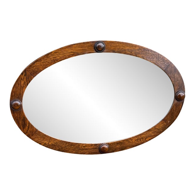 Antique Early 20th Century Oak Framed Beveled Oval Wall Mirror For Sale