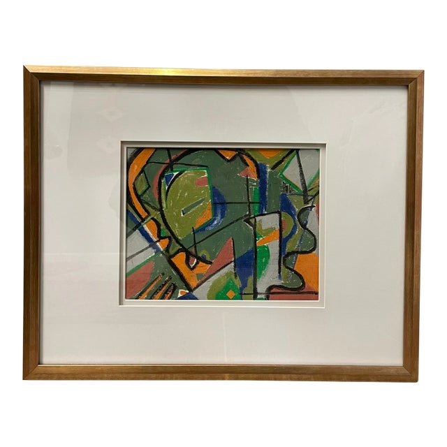 Listed John Schwab Original Abstract Oil Pastel Painting Cubism MCM For Sale